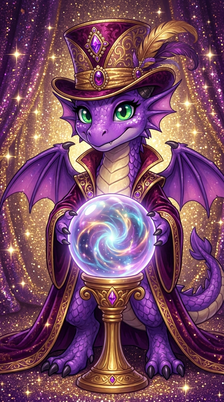 Brumi, la dragonne violette voyante, devant sa boule de cristal